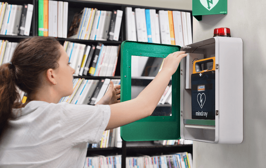 Automated external defibrillator in school’s library
